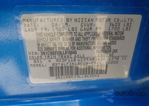 2020 Nissan Versa Sv Xtronic Cvt z USA, uszkodzony, nr VIN 3N1CN8EV3LL815045